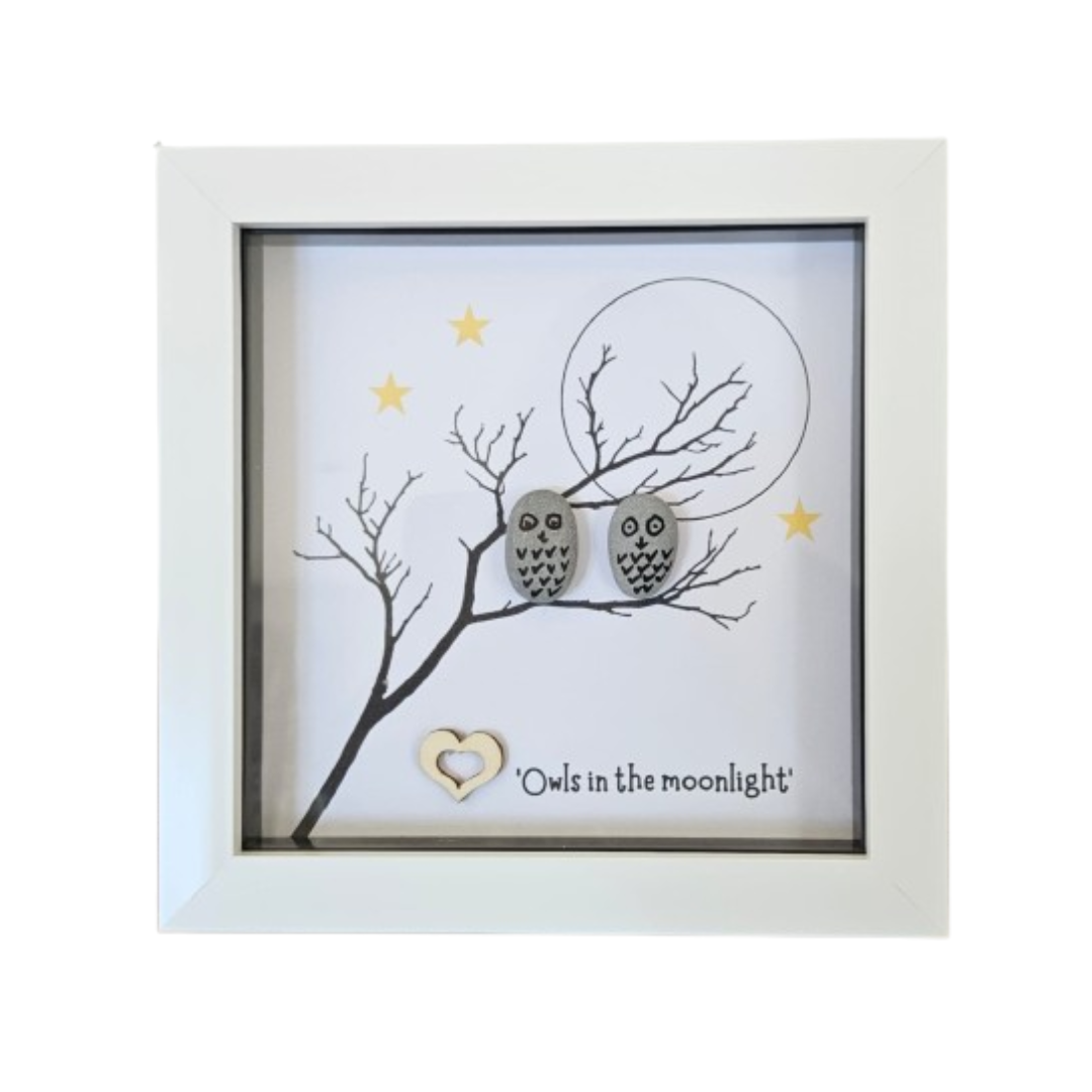 Framed artwork with two owls on a branch, stars, and a heart with 'Owls in the moonlight' text.