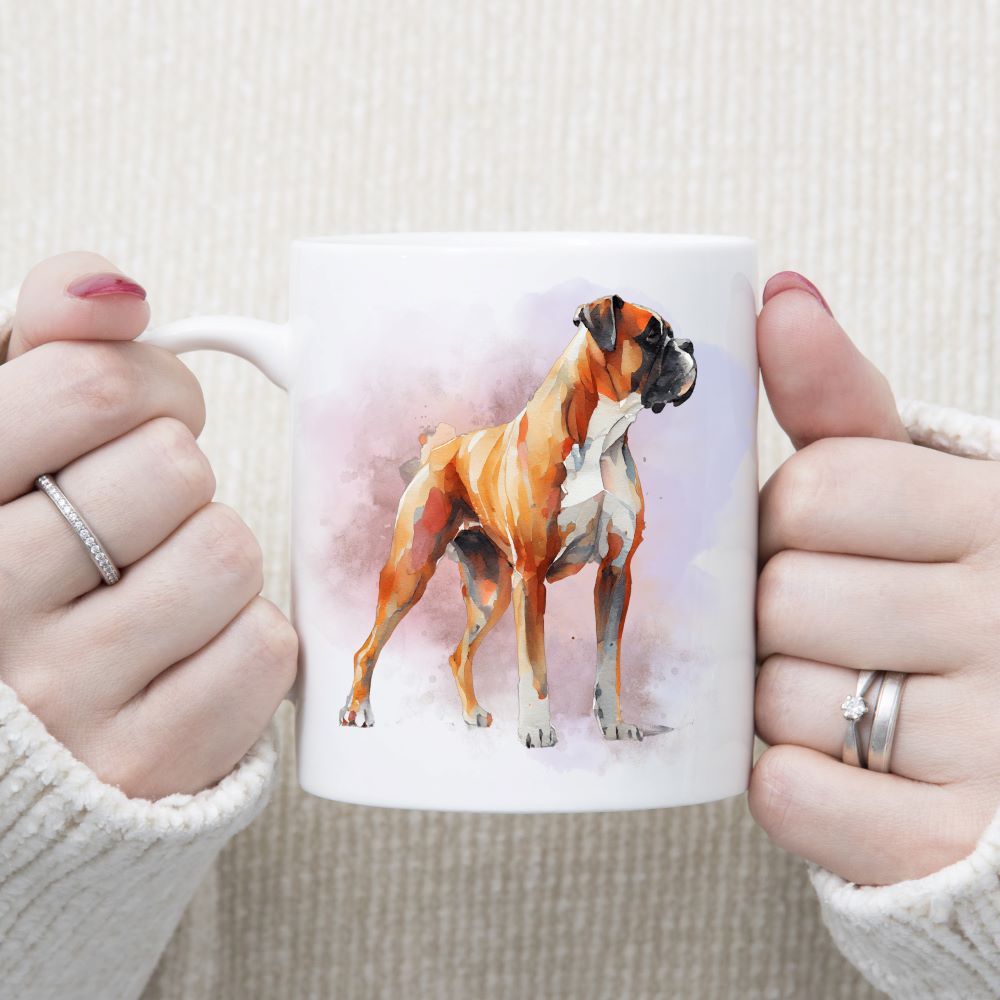 A watercolour image of a Boxer dog with a white chest standing and facing right. A woman is holding the mug in two hands.