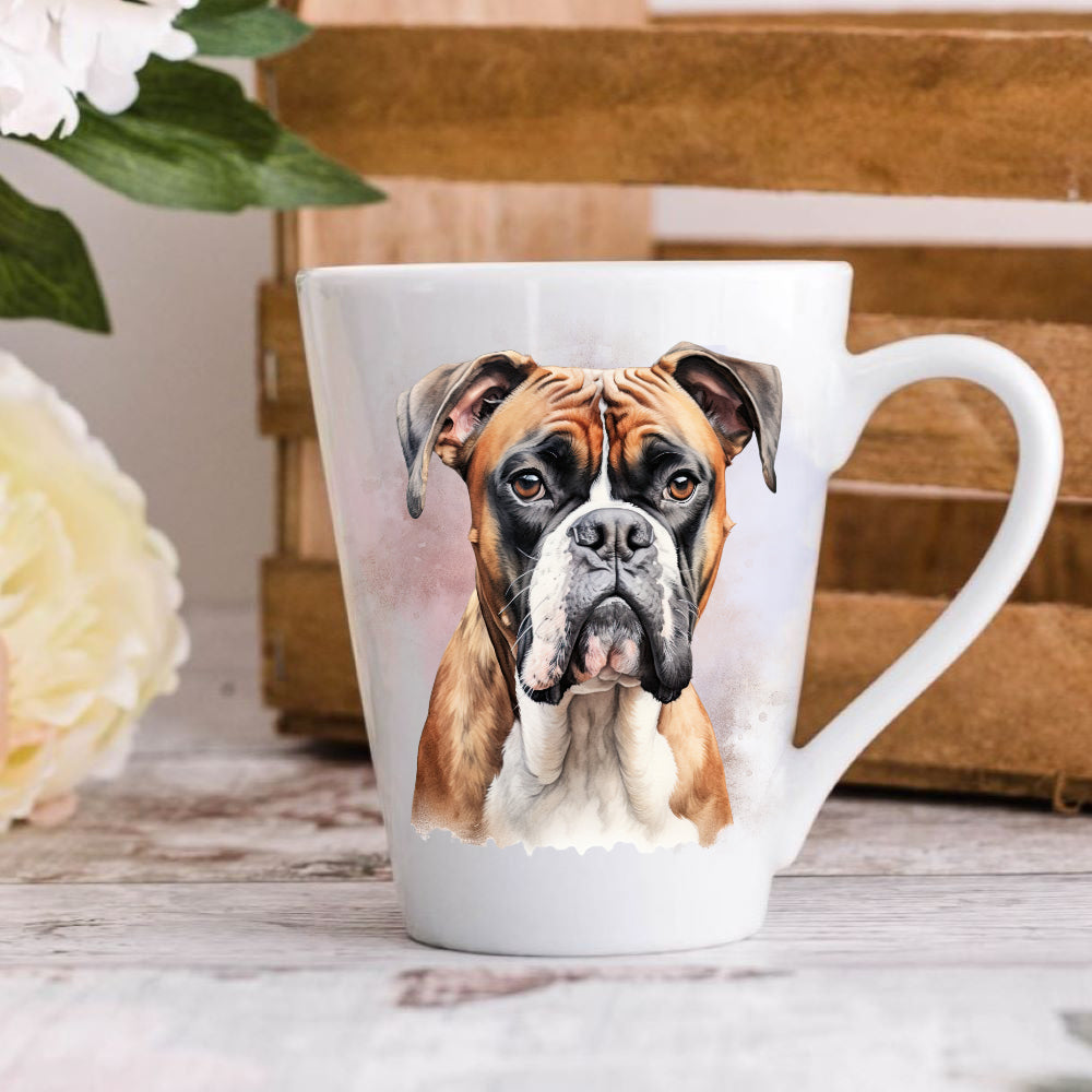 A white ceramic latte coffee mug with a printed image of a Boxer dog on the front.
