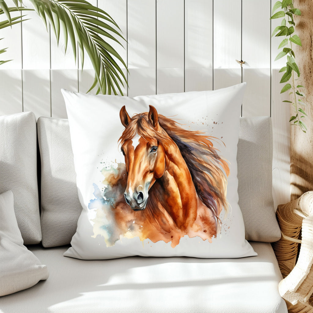 A chestnut Horse head and shoulders with flowing mane on the front of a white cushion which is placed on a cream sofa. White panels and green fern create the background.