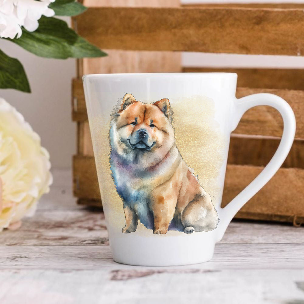 A latte coffee mug with a colourful painting of a Chow Chow dog on the front.