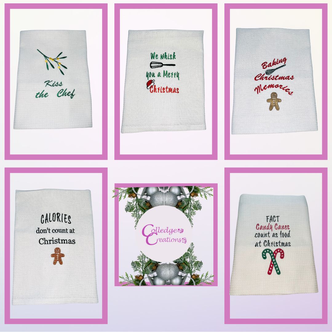 Image of 5 tea towels with Christmas related slogans on them