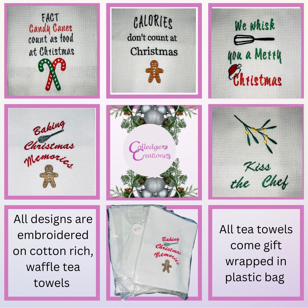 Close up images of handmade Christmas tea towels with various Christmas related slogans