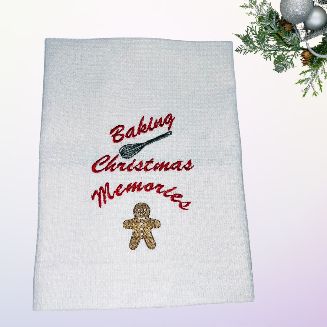 Image of an embroidered Christmas tea towel saying Baking Christmas Memories