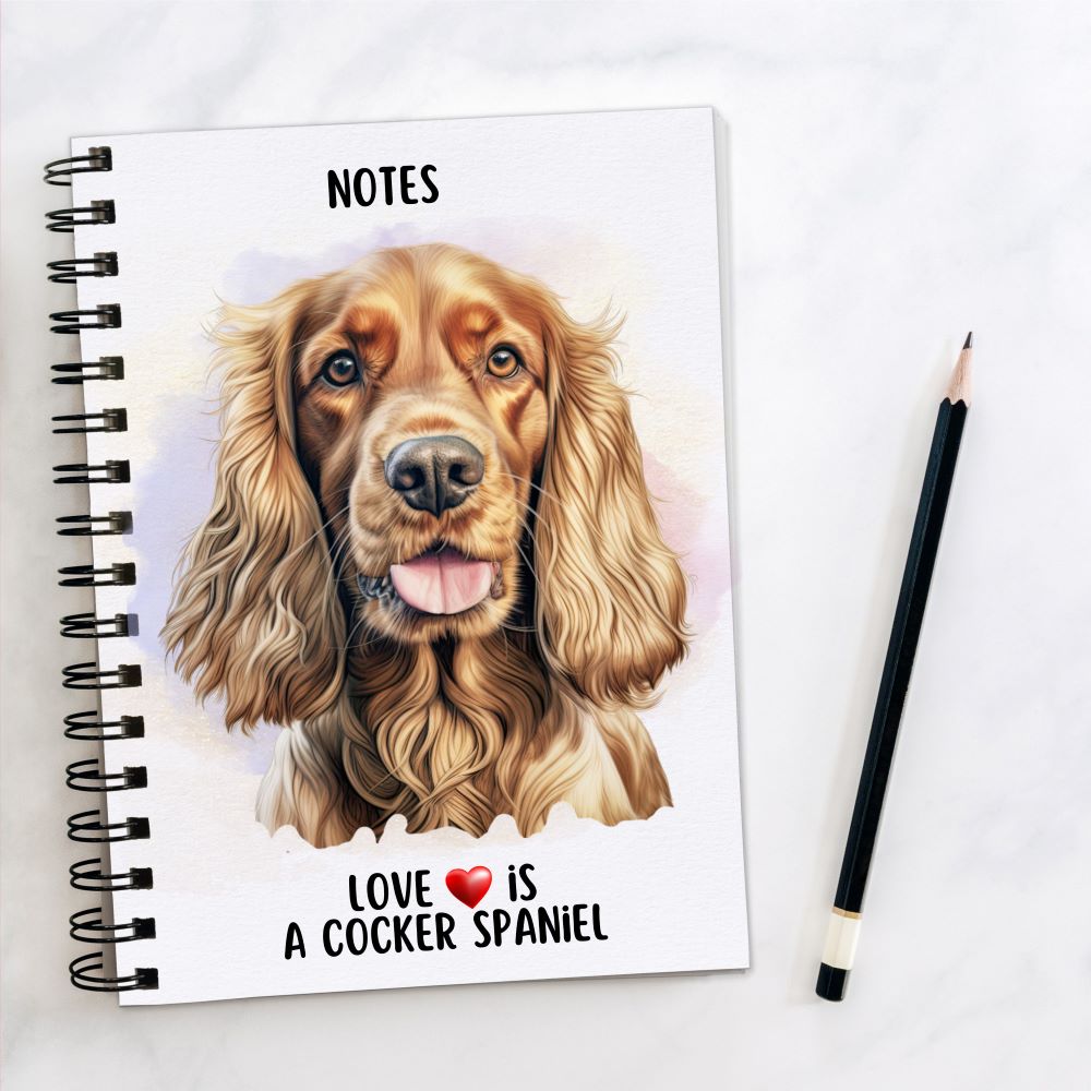 White spiral bound notebook with a golden Cocker Spaniel head shot on the front with a smoky lilac and pink background.  Black wire binding and a black pencil to the right hand side.