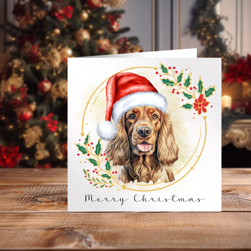 Cocker Spaniel wearing a Santa hat on a Christmas themed card. Positioned on a wooden surface with a decorated Christmas tree behind.