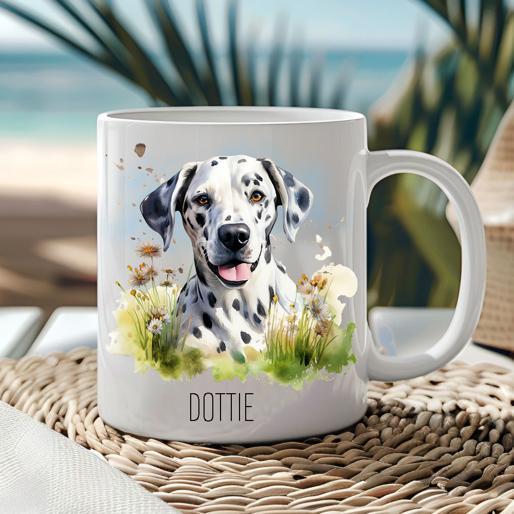A white ceramic mug showing a lovely Dalmatian. The mug is placed on a wicker mat with a palm leaf and an ocean background behind.