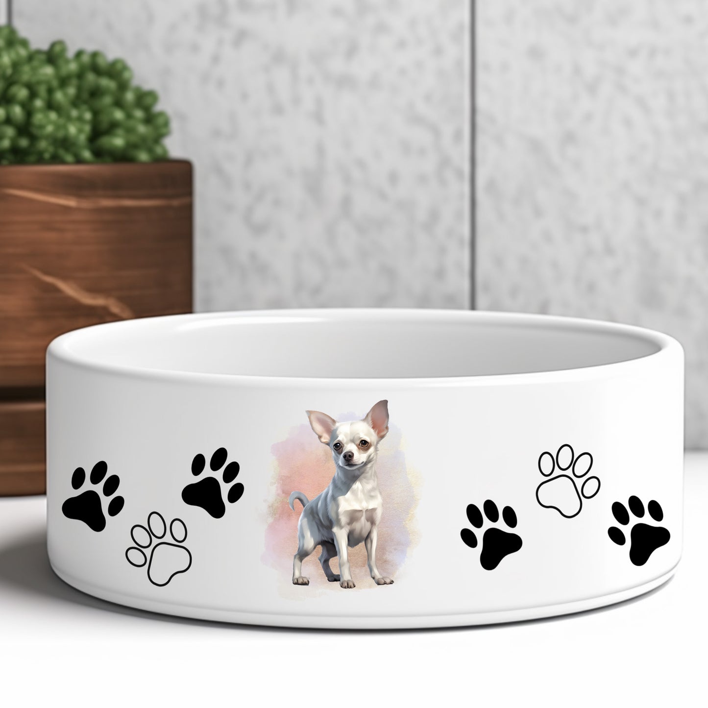 Dog bowl with a white smooth haired chihuahua on a smoky pink background. Black and white paw prints decorate the bowl.