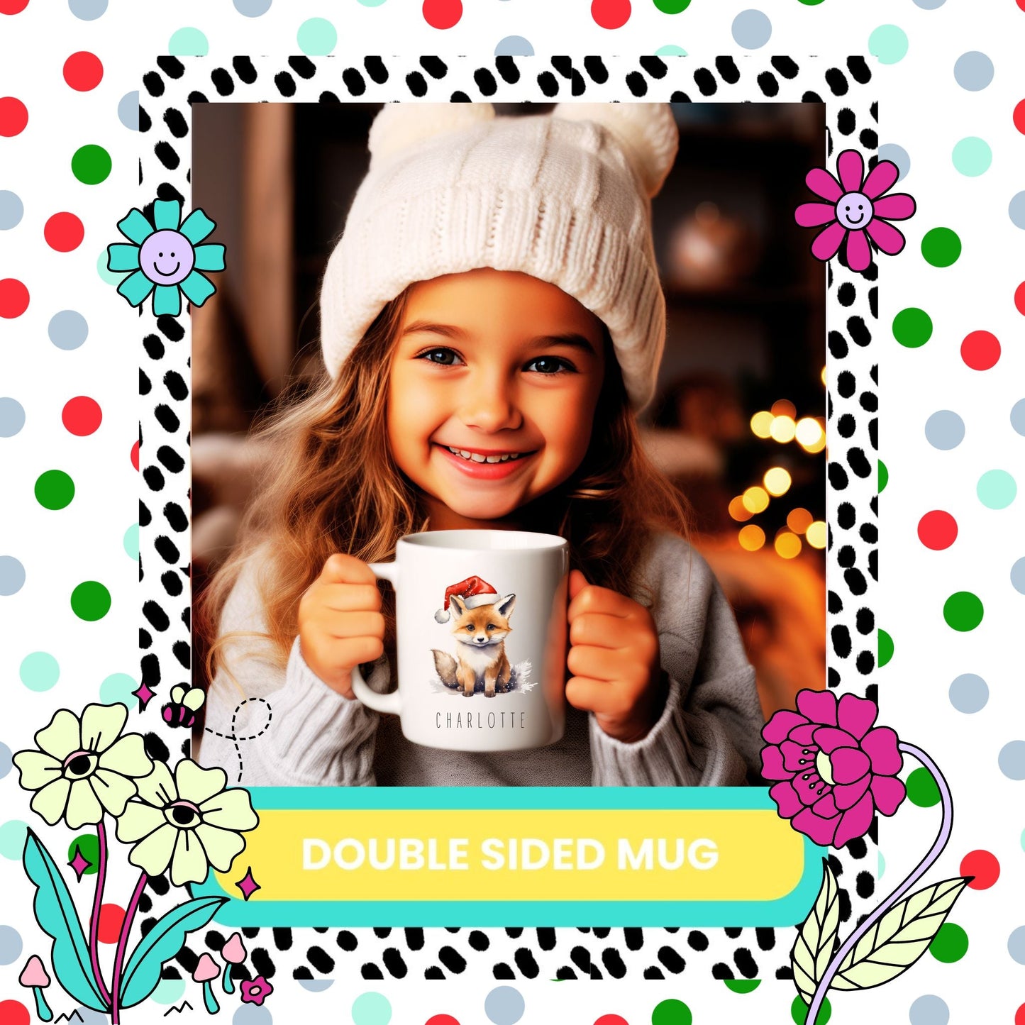 A child holding a double-sided ceramic mug with a fox design, smiling and surrounded by holiday-themed decorations.