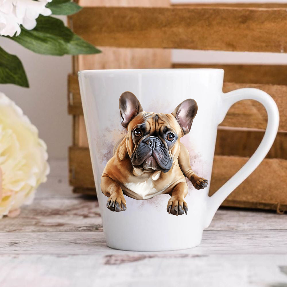 A white ceramic latte coffee mug with a printed image of a French Bulldog on the front.