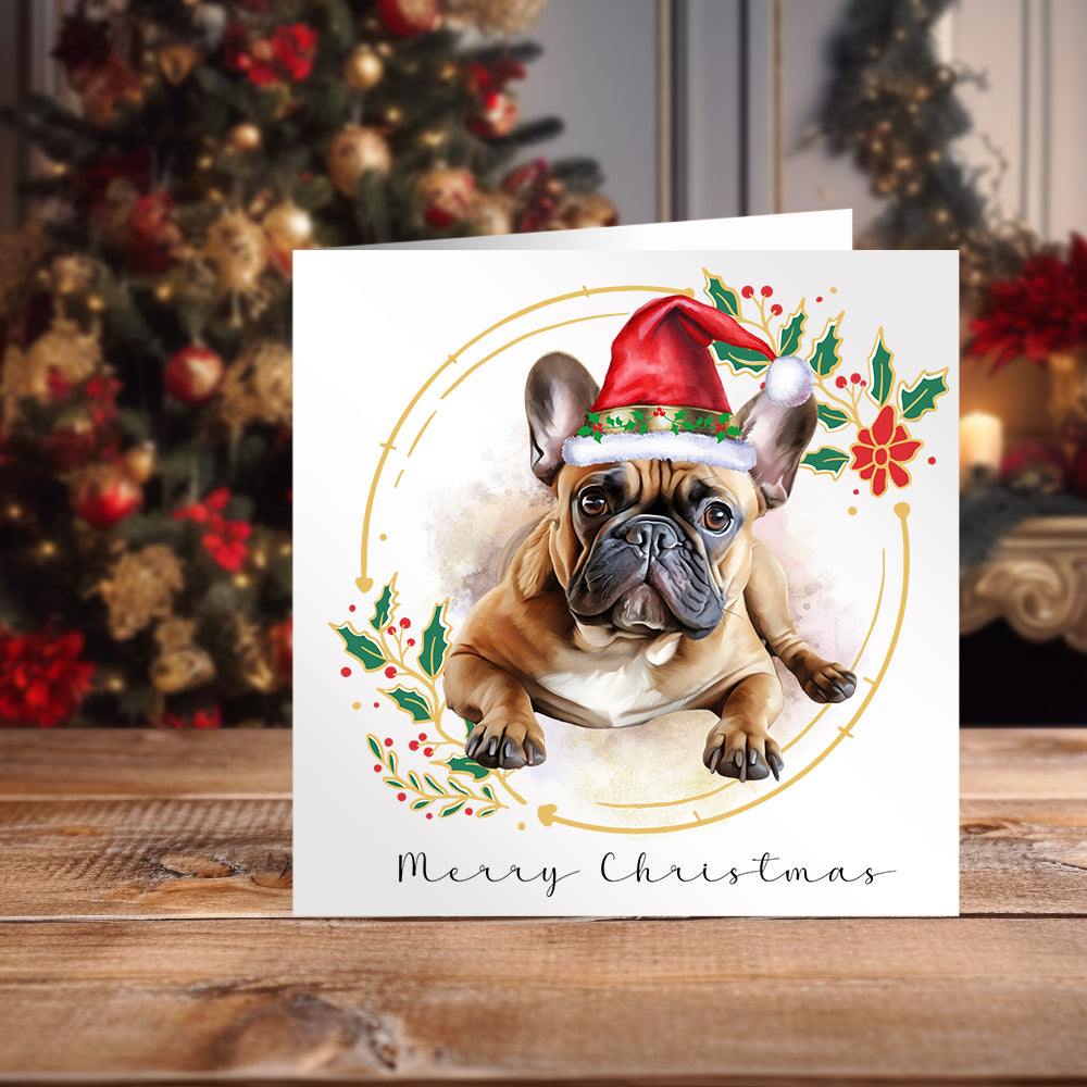 French Bulldog lying down wearing a Santa hat on a Christmas themed card. Positioned on a wooden surface with a decorated Christmas tree behind.