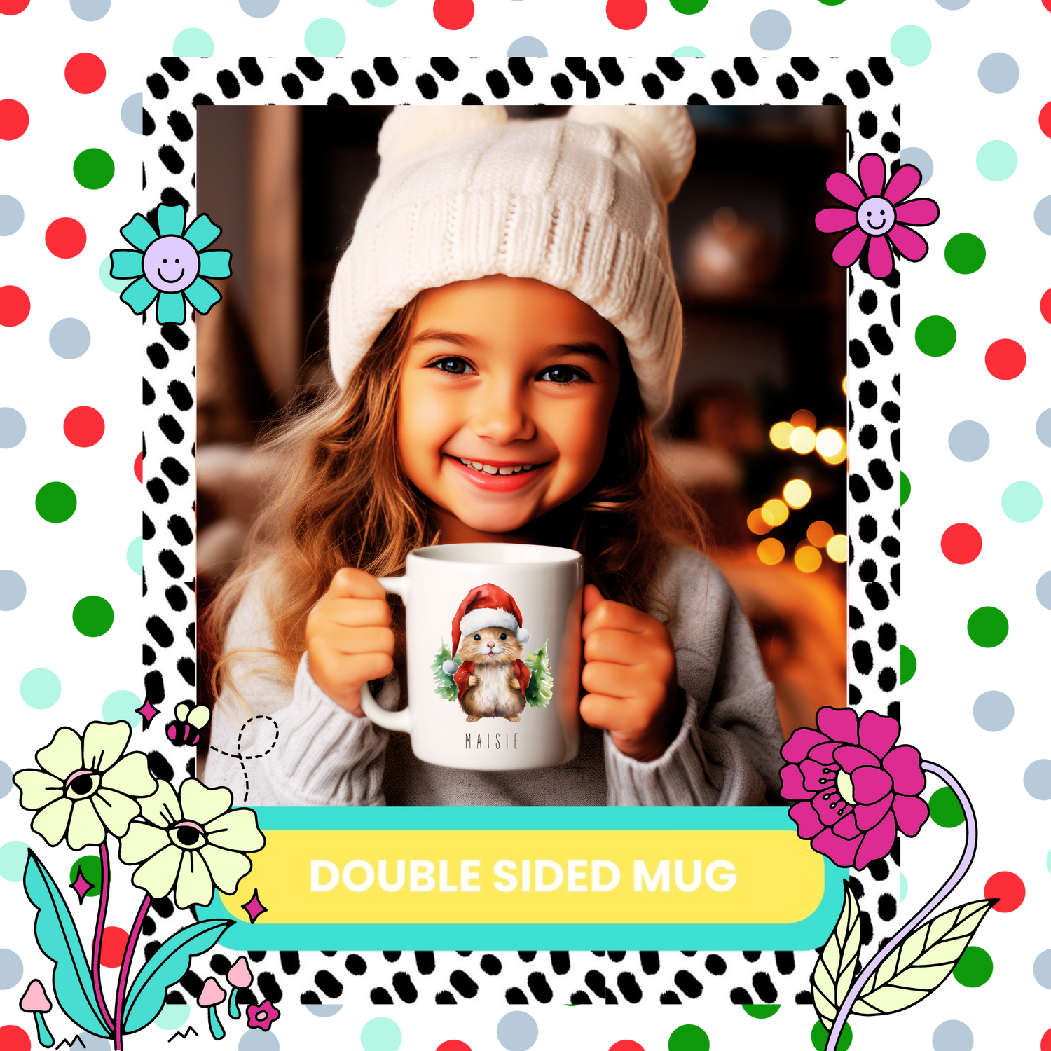 A child holding a double-sided mug with a Christmas theme, featuring a cartoon gerbil character, while smiling and wearing a winter hat.