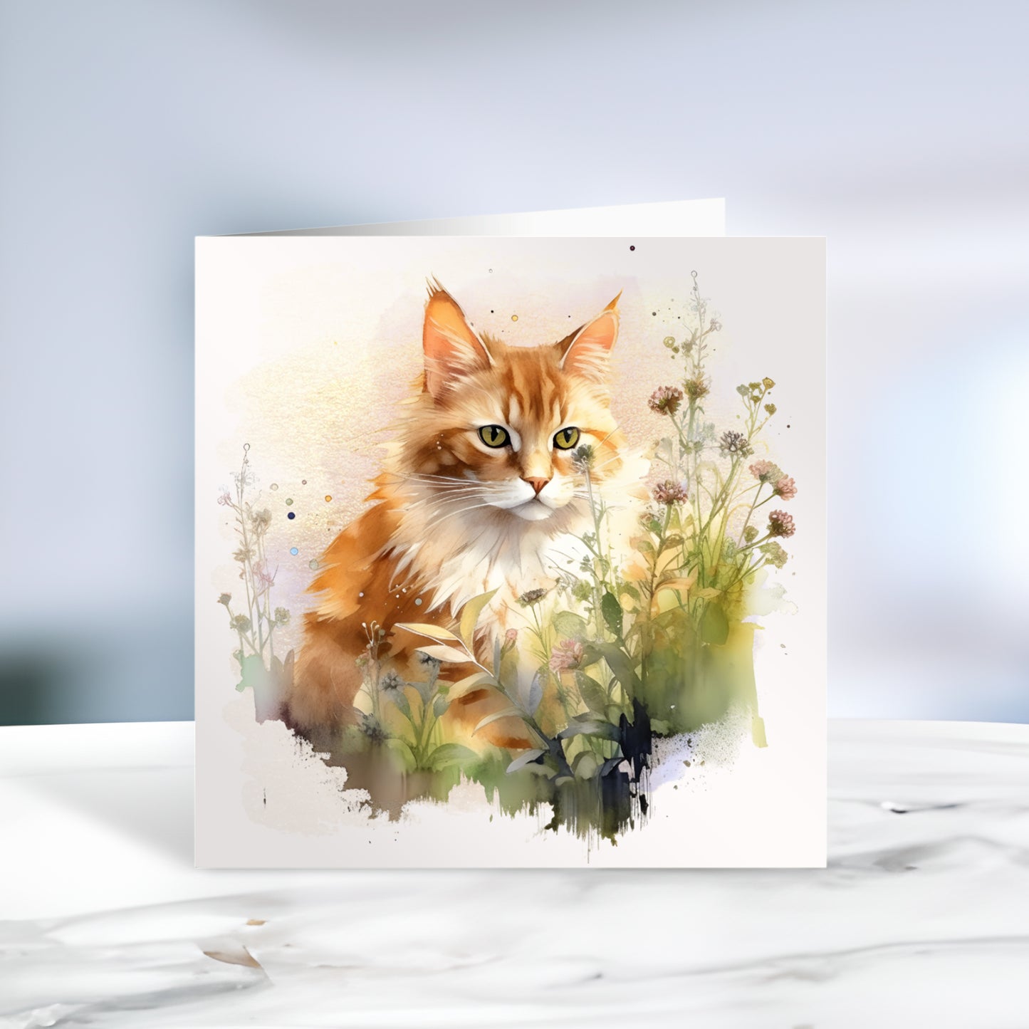 Long haired Ginger and white cat sat among wildflowers on a white card. The card is placed on a grey marble surface.