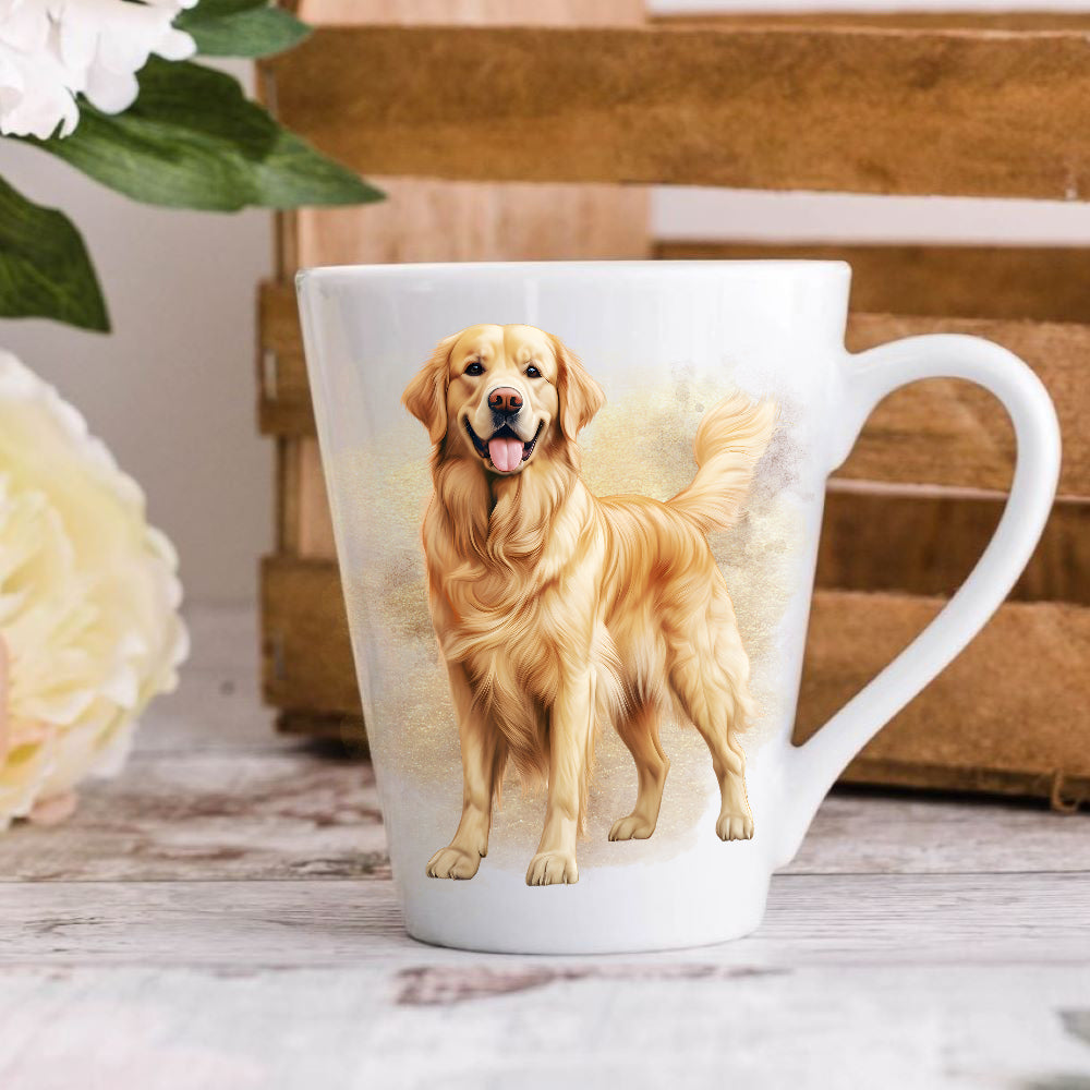 A 12oz white ceramic latte mug with a printed image of a Golden Retriever standing. A brown crate and a large flower sit in the background. The mug is positioned on a wooden surface.