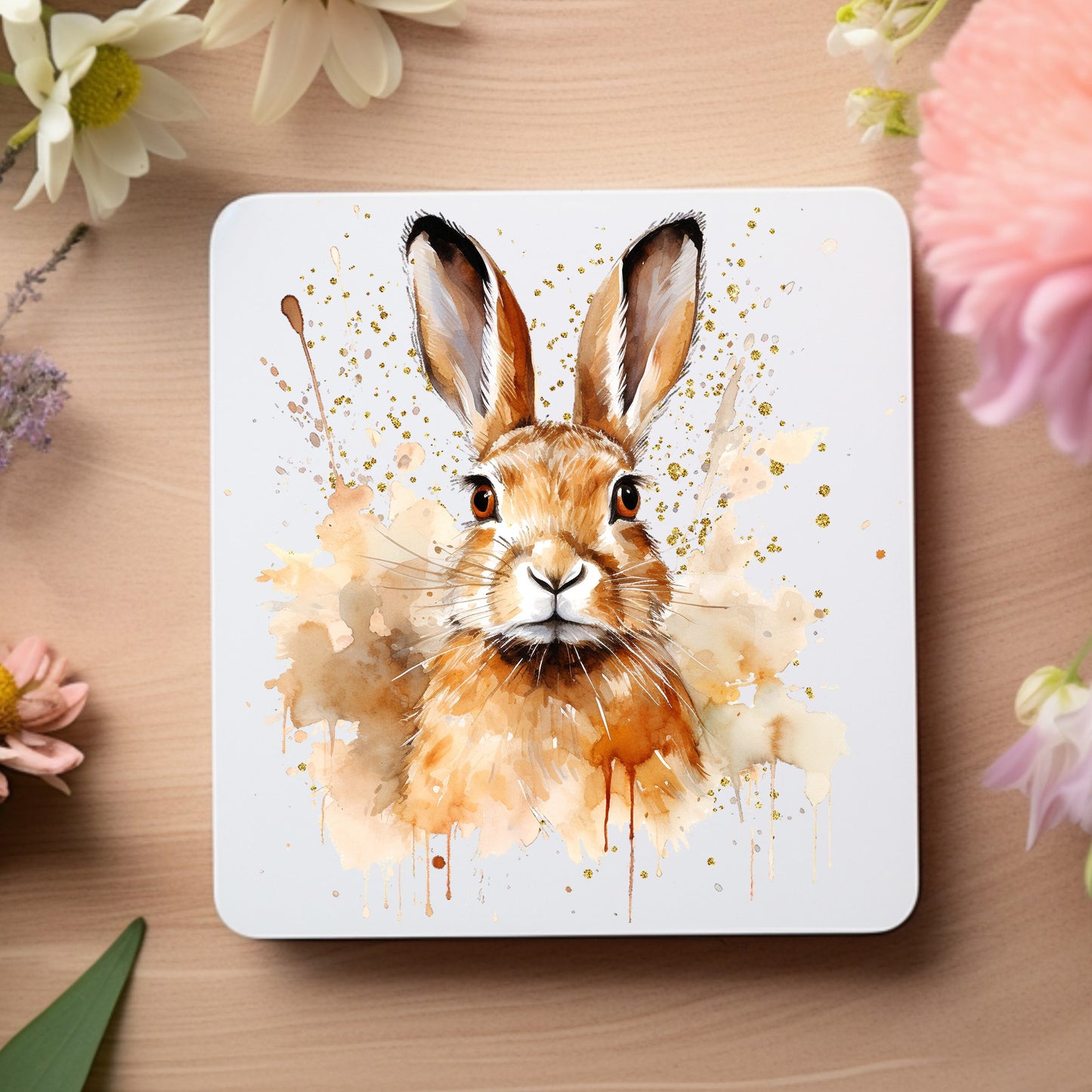 Brown hare looking forward on a white coaster with a speckled background and placed on a wooden surface and flowers around the edges.