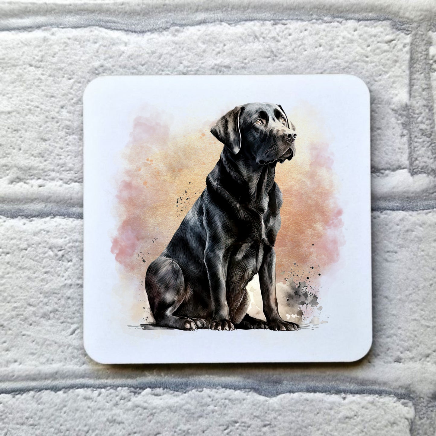 A Black Labrador is sat facing right among a pink and gold misty background on a white drinks coaster. The coaster is placed on a grey, brick effect surface.