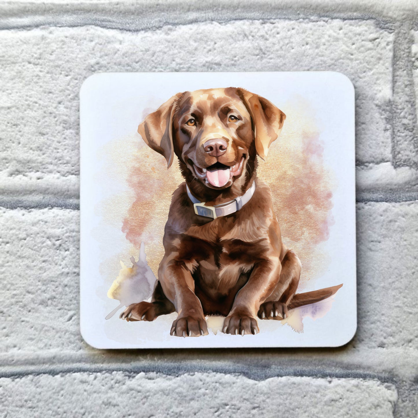A 'smiling' Chocolate Labrador is half sat facing forward among a pink and gold misty background on a white coaster. The coaster is placed on a grey, brick effect surface.