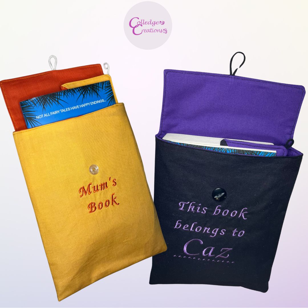 Two book cosies in yellow and navy personalised shown with books inside