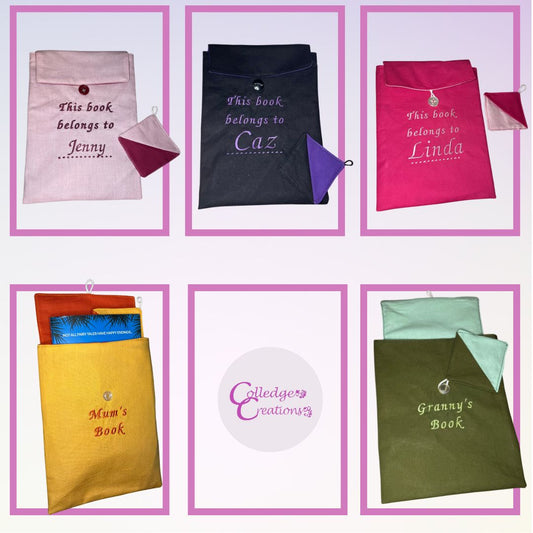 A collection of personalised book cosies in various colors, each with a different name embroidered on the front. There are also images showing a corner bookmark and the sizes of the book cosies.