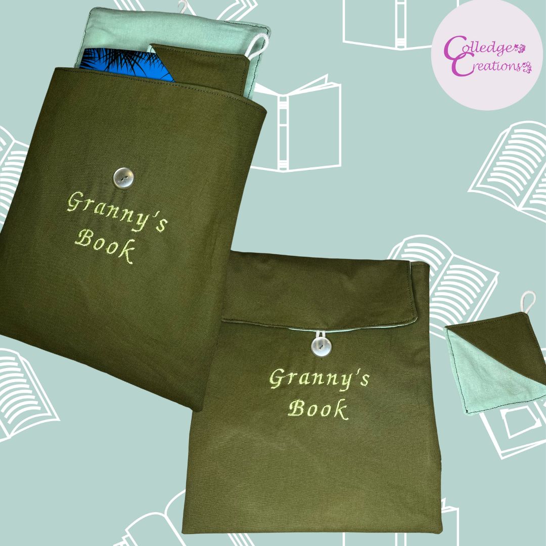Two sage green book cosies with granny's book embroidered on them