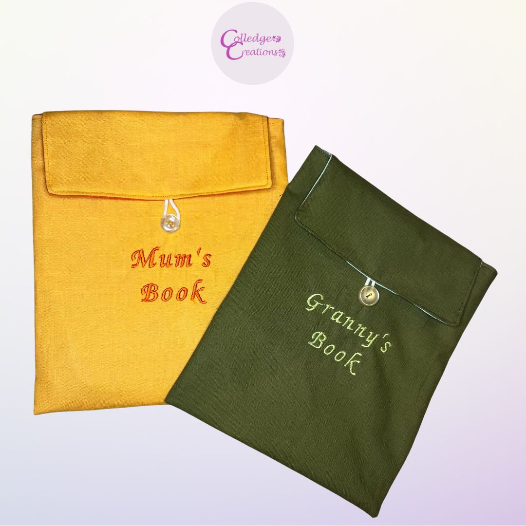 Two personalised book cosies, one shown with mum's book and one in green showing granny's book.