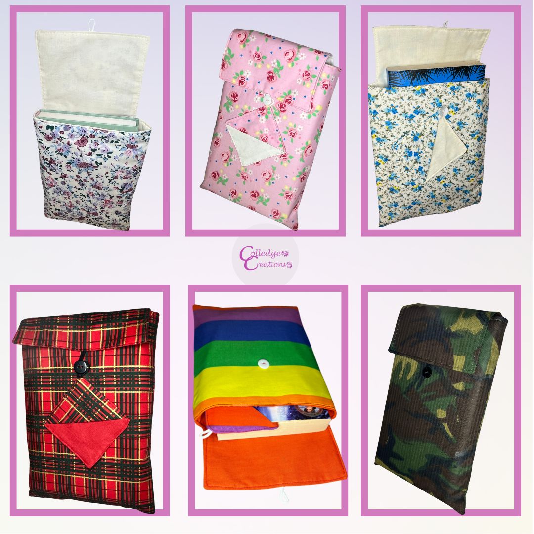 6 book cosies shown in floral, army, tartan and pride colours for options for the customer to choose from