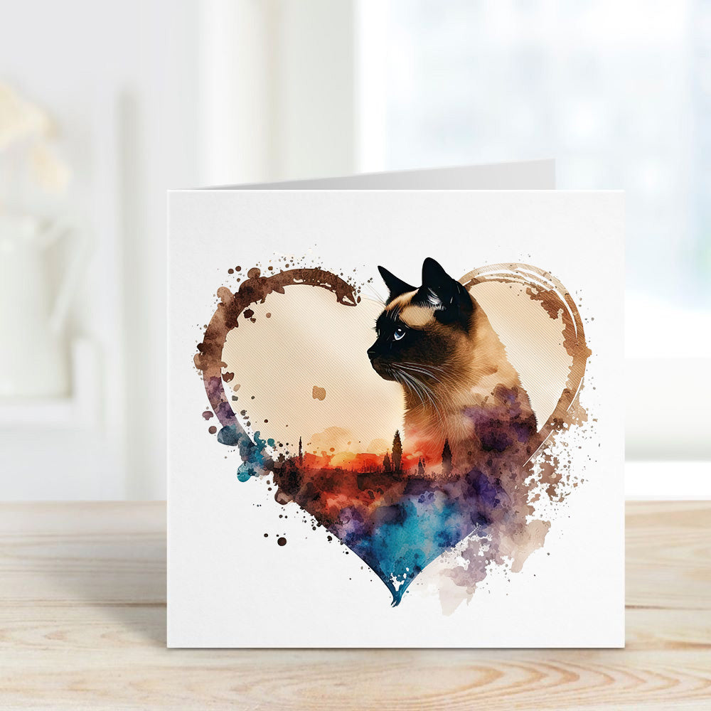 siamese cat on a square white notelet or greeting card with a heart and splash detailing