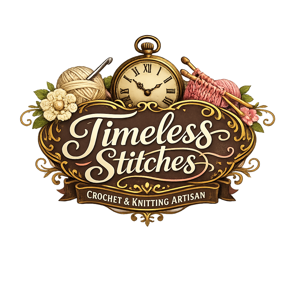 Logo for 'Timeless Stitches' featuring a clock, yarn, and knitting needles on a white background.