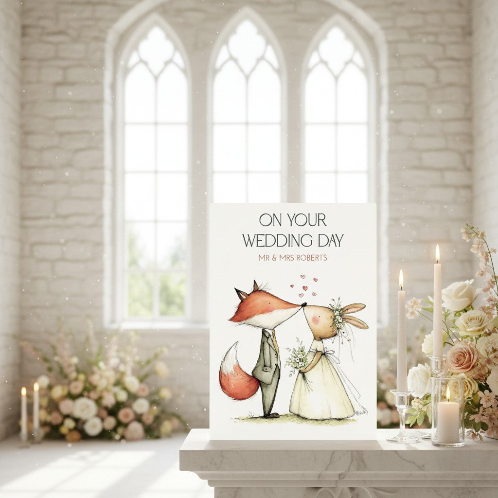 Wedding card with fox and rabbit illustration in a church setting