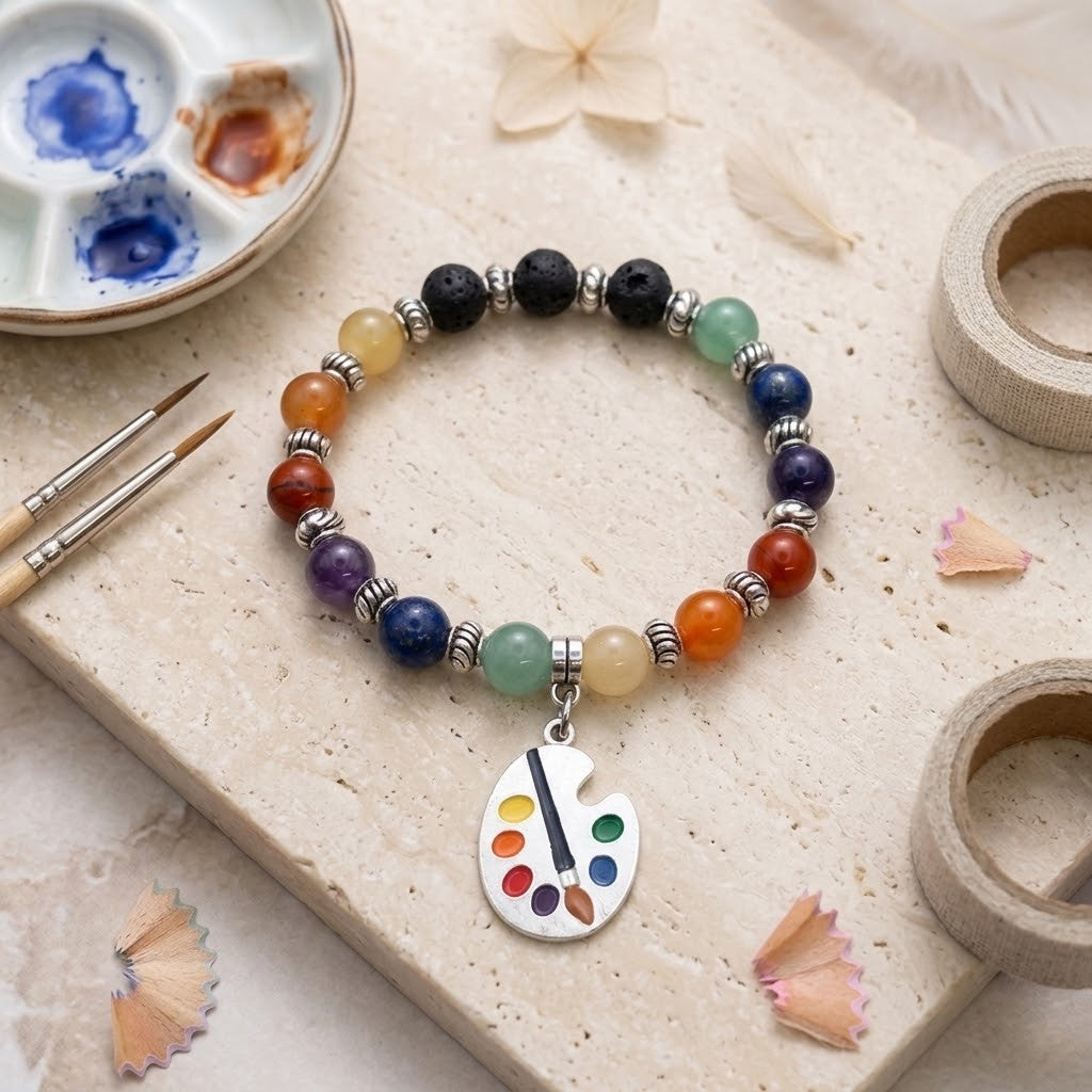 A beaded stretch bracelet with a silver artist palette charm, displayed on a textured stone slab with art supplies including paint tubes, brushes, and coloured pencils.