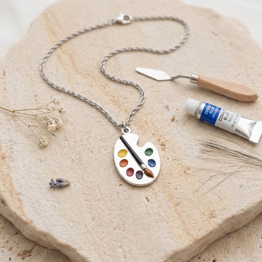 A silver necklace with an oval artist palette pendant featuring painted colour wells and a paintbrush, styled on a textured stone slab with a small paintbrush, tube, and dried flowers.