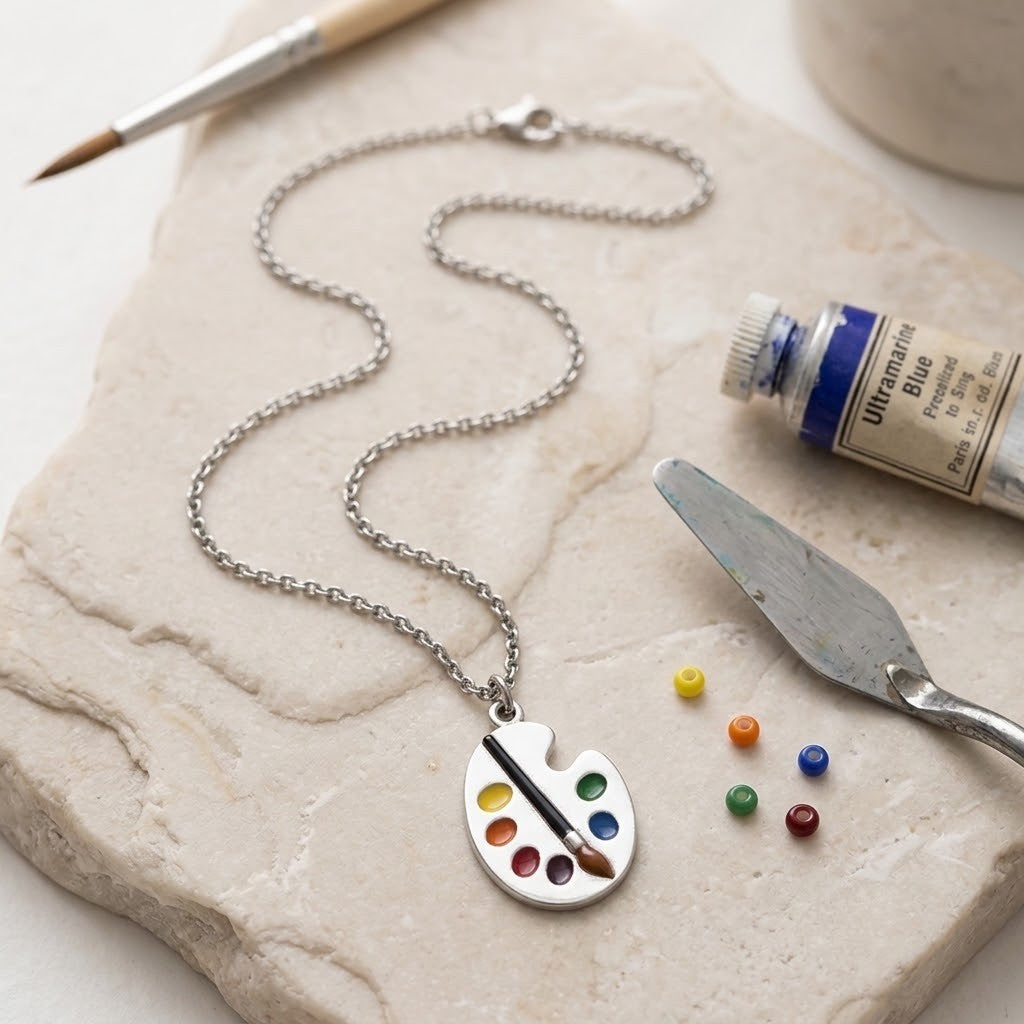 A silver necklace with a paint palette pendant lies on a light stone slab, surrounded by art props including a paintbrush, a tube of Ultramarine blue paint, a palette knife, and small paint droplets.