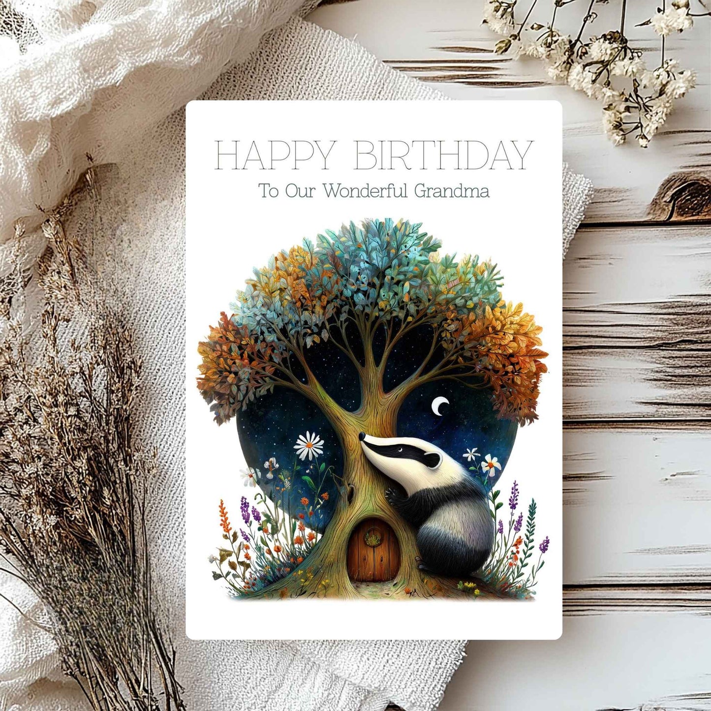Birthday card for a wonderful grandma with a treehouse and badger illustration on a rustic background.