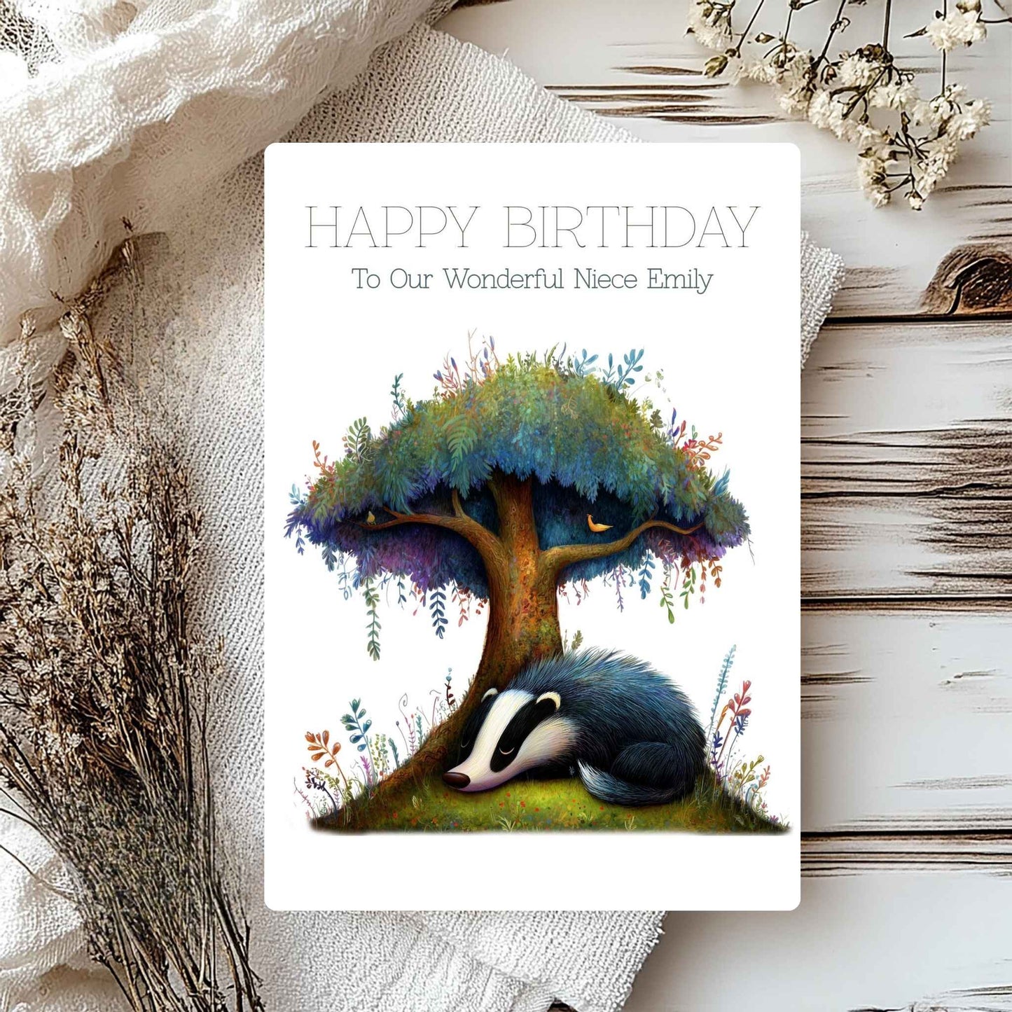 Badger Card for Niece – Handmade Personalised Woodland Greeting for Her