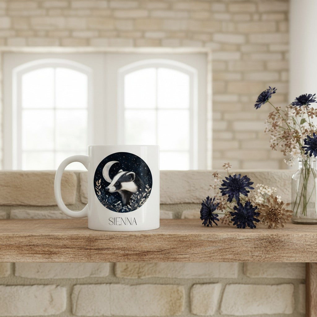 White mug with badger design and 'SIENNA' branding on a wooden surface with flowers.