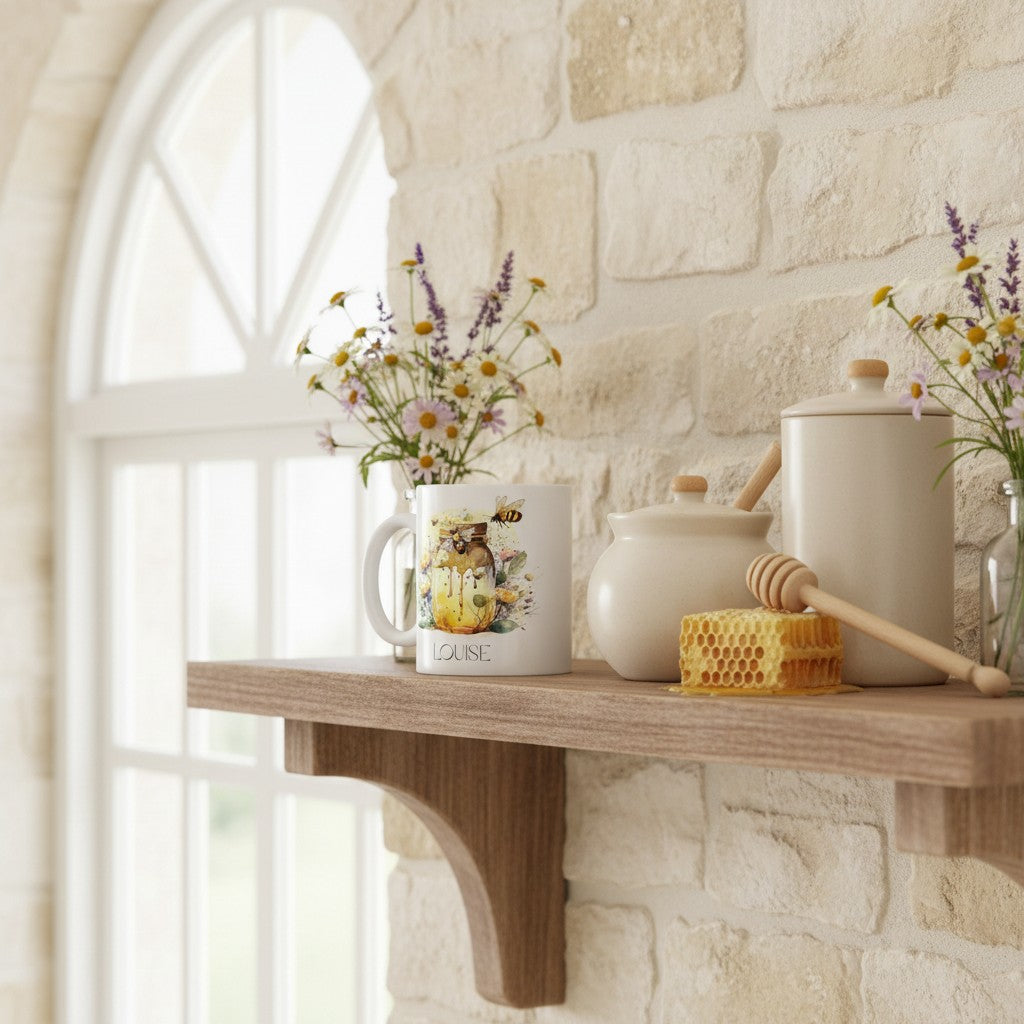 Decorative shelf with a bee mug, jar, honeycomb, and flowers against a stone wall.