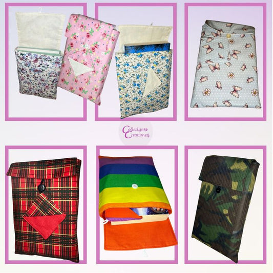 A collection of book cosies in various patterns including floral, camouflage, tartan, and rainbow, displayed in different colors and sizes.