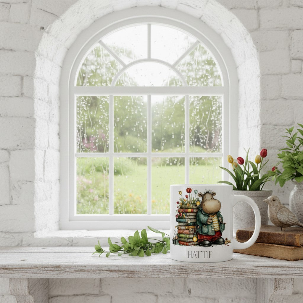 Mug with a hippo character design on a windowsill with a view of greenery