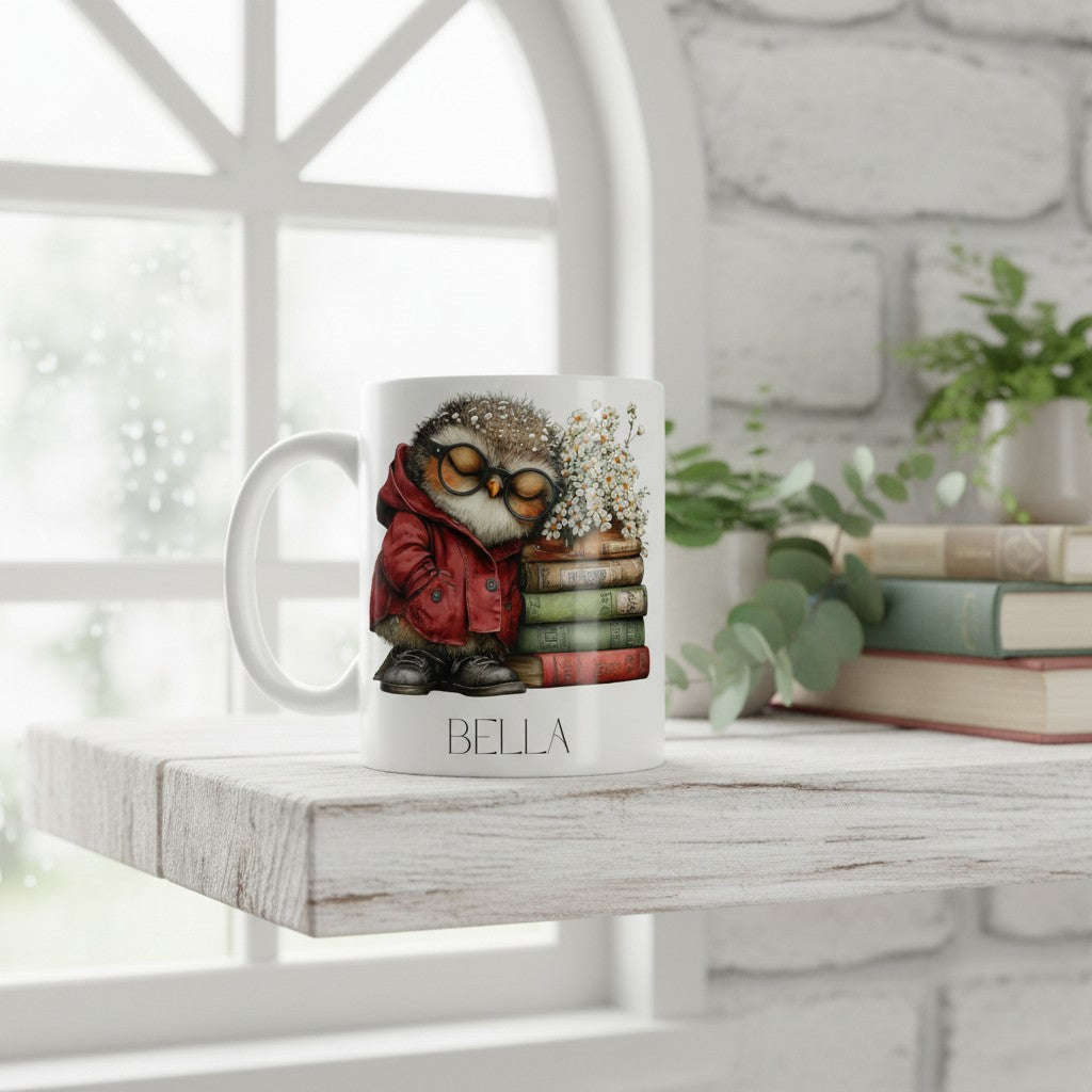 Mug with a design of an owl in a red coat and glasses, sitting on books, on a wooden surface with a blurred background.