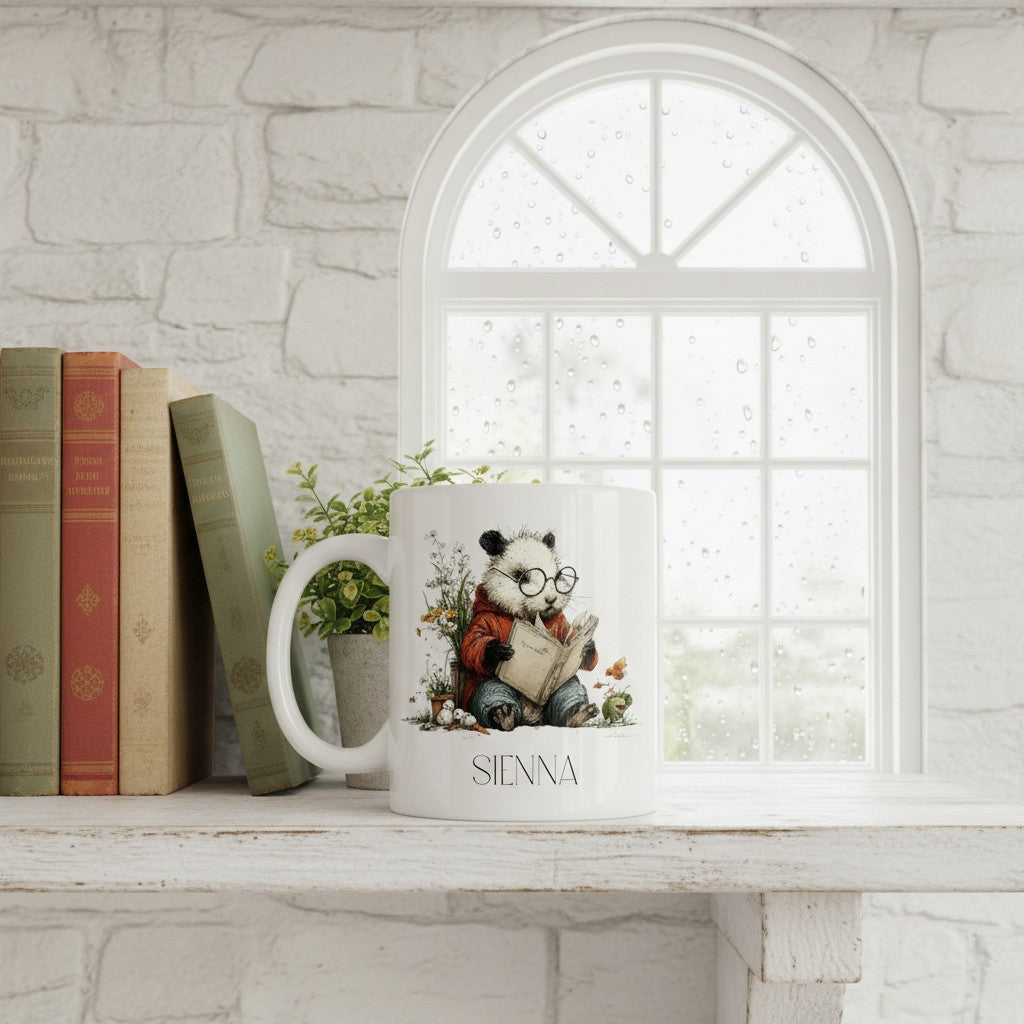 Mug with a panda design on a windowsill with books and a plant.