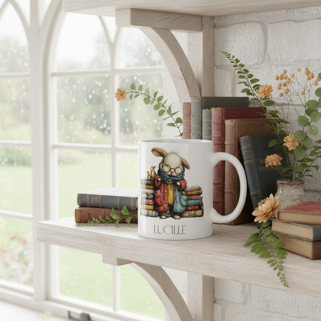 White mug with a rabbit design and 'Lucille' branding on a shelf with books and flowers.