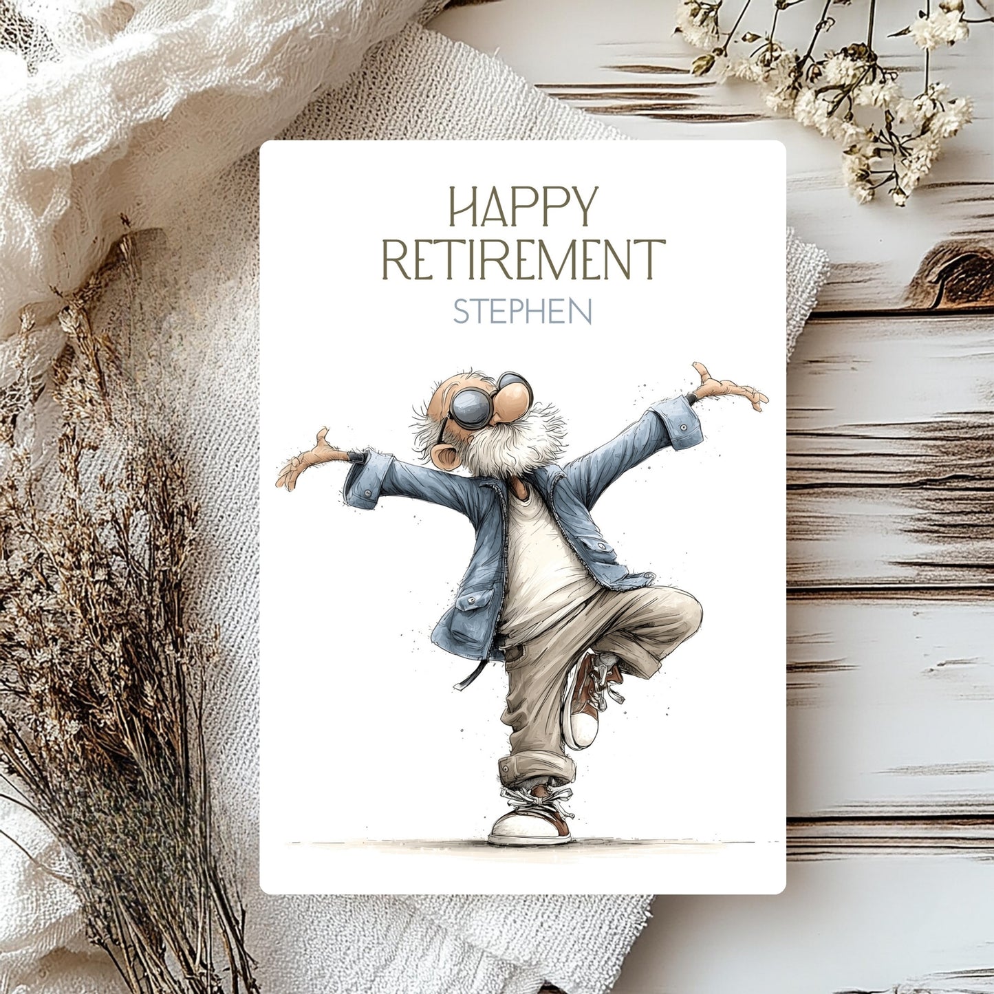 Happy Retirement card with a character design on a textured surface with flowers.