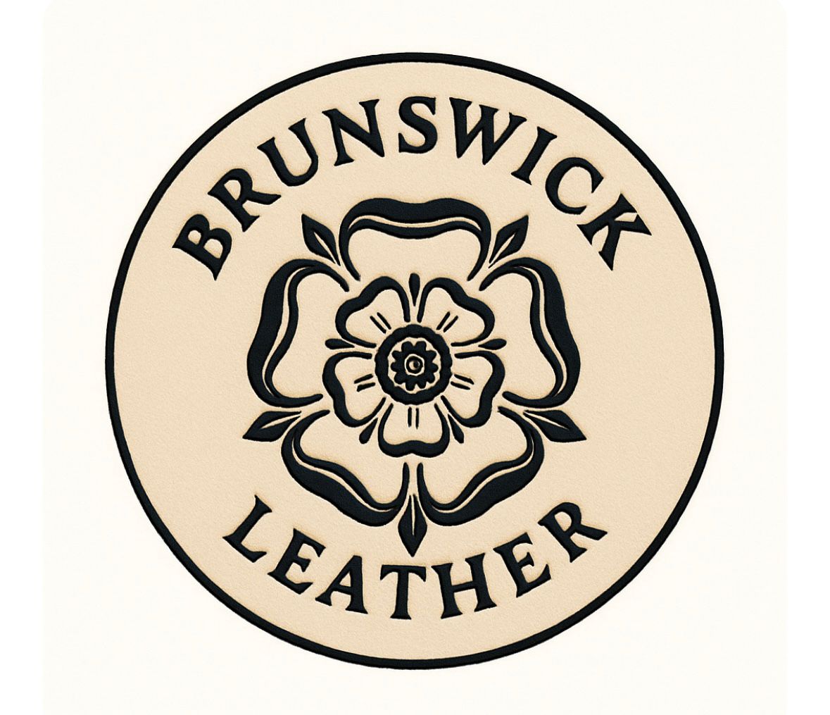 Logo of Brunswick Leather with a floral design on a beige background