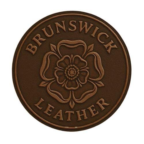 Brunswick Leather logo with a floral design on a brown background