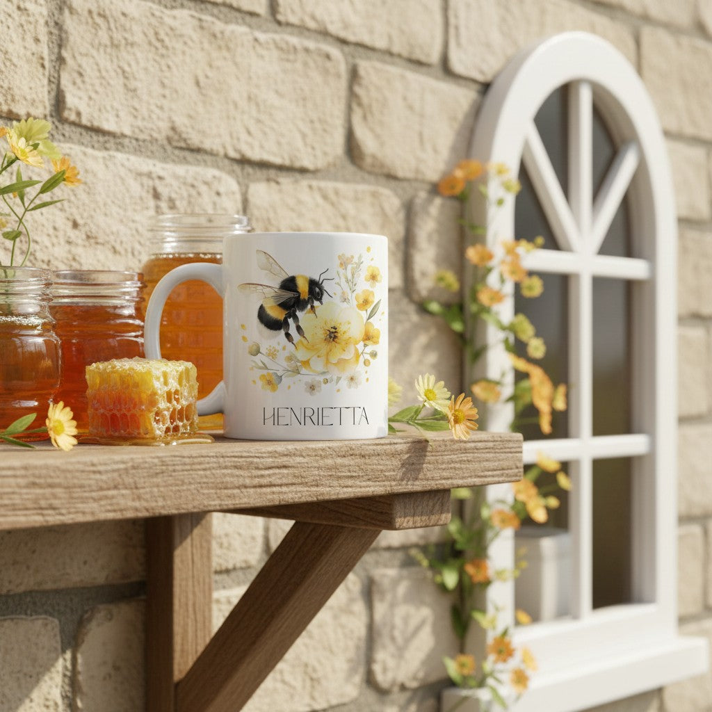 Mug with bee design and honey on a wooden shelf outdoors