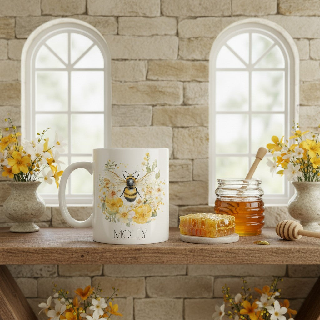 Mug with bee and flower design on a table with honey and flowers, stone wall background