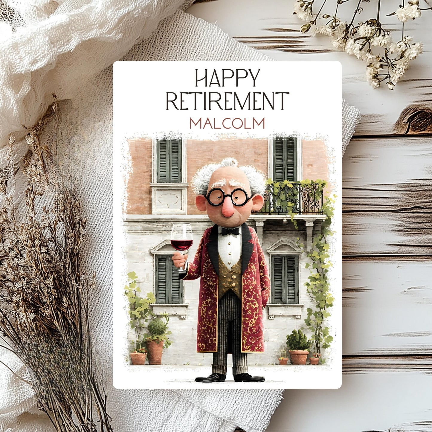 Retirement card with a character holding a glass of wine, set against a decorative background.
