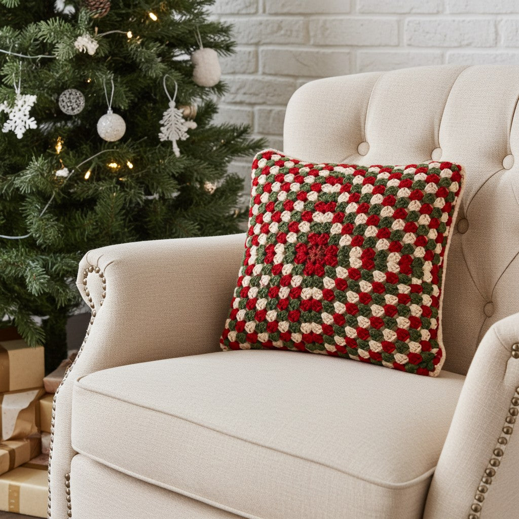 A square crocheted throw pillow with a red, green, and cream granny square pattern, resting on a beige armchair next to a decorated Christmas tree.