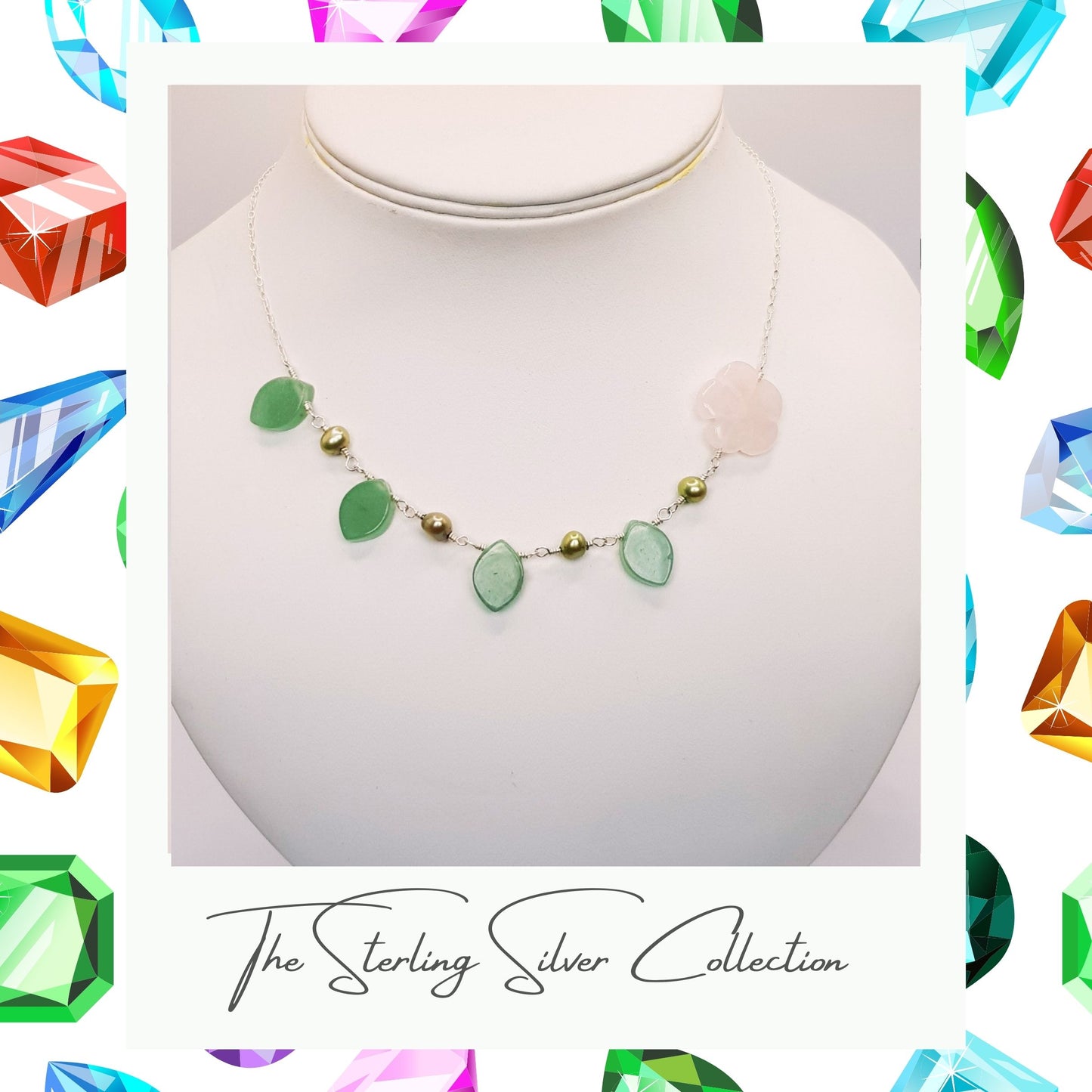 Pretty semi precious bead necklace in green and rose pink on a necklace stand.