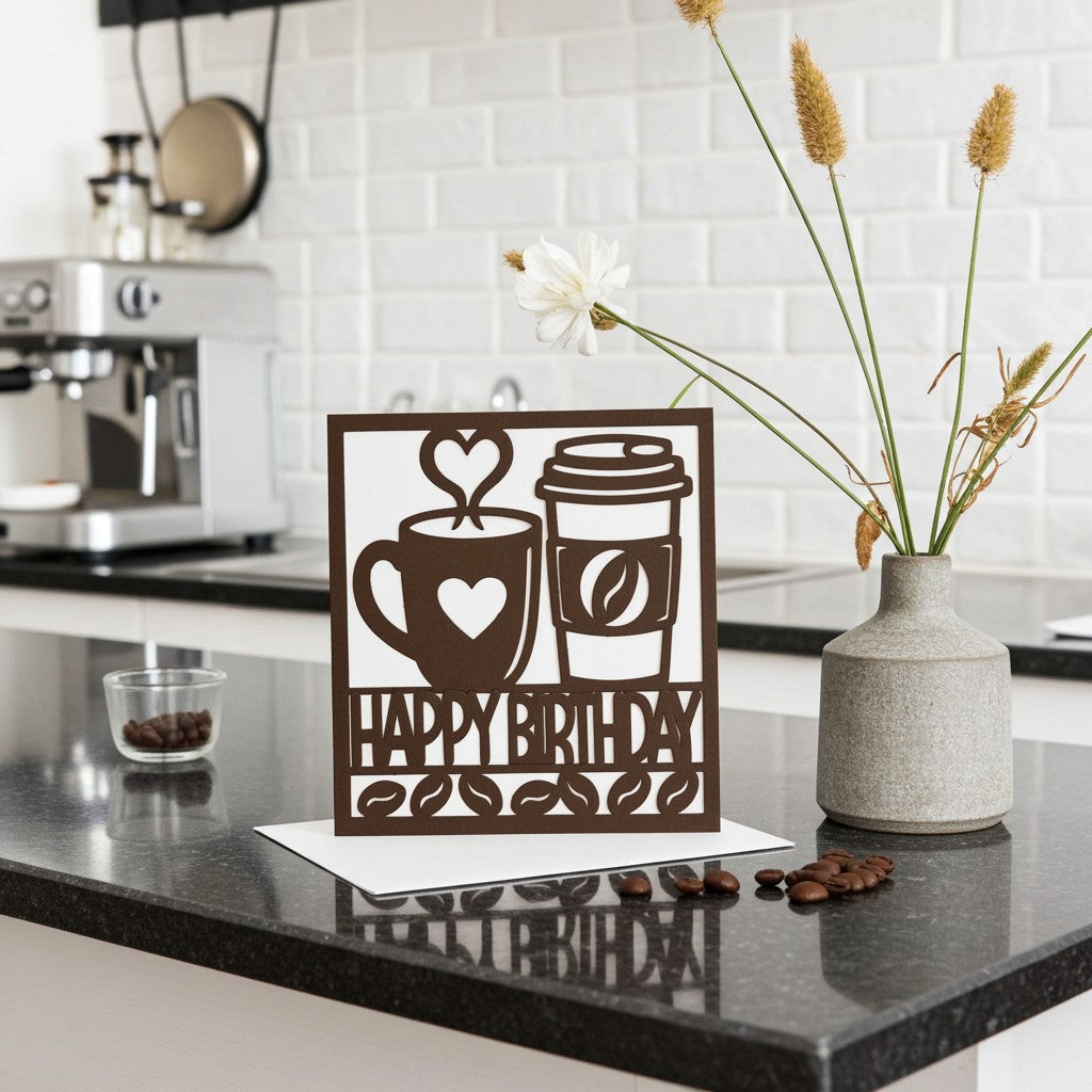 A square birthday card with coffee-themed illustrations and the words 'HAPPY BIRTHDAY' sits on a kitchen counter. The card is styled with coffee beans, a small vase of dried flowers, and a coffee machine in the background.